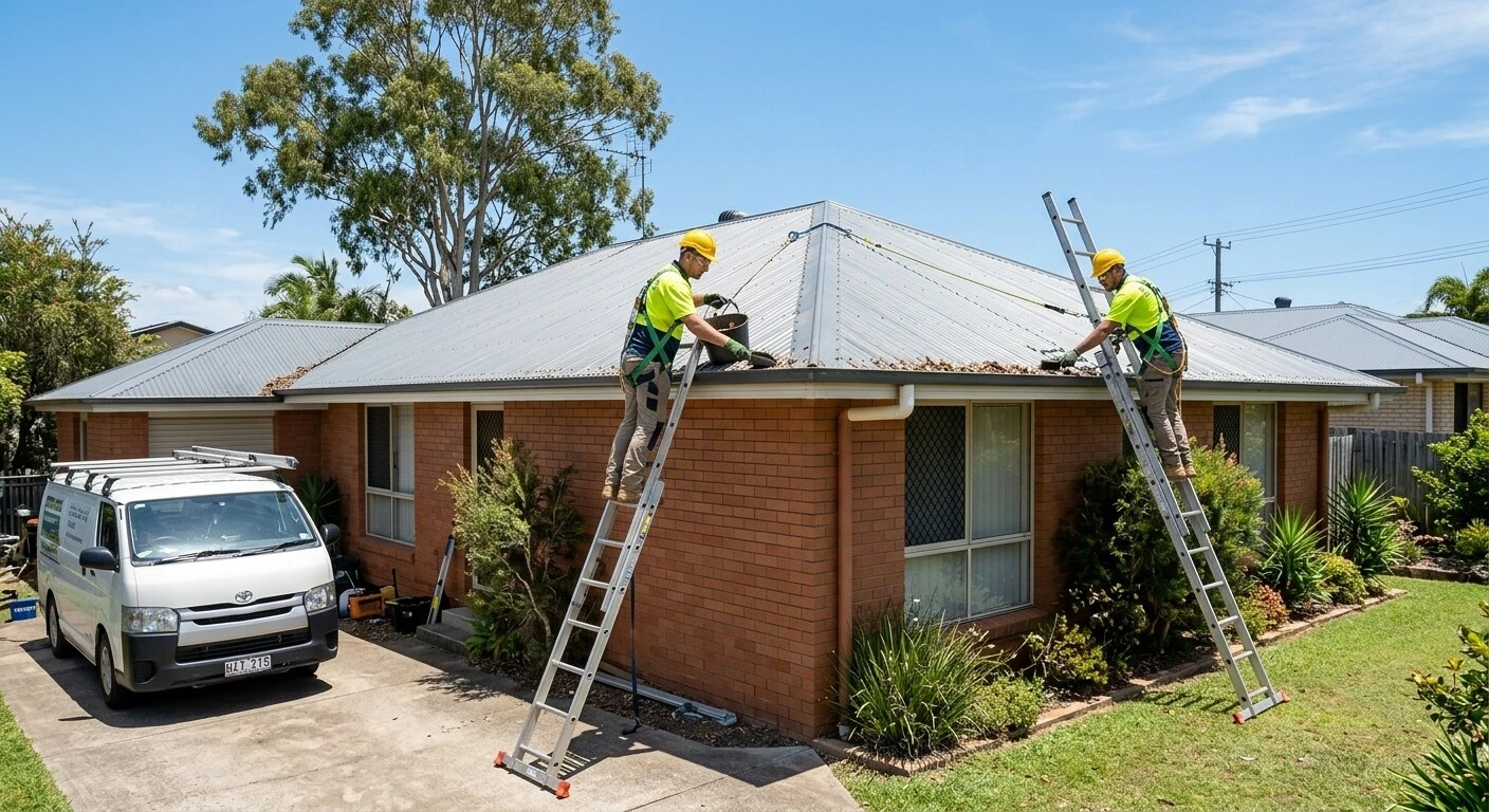 Gutter cleaning on a corrugated metal roof in Geelong