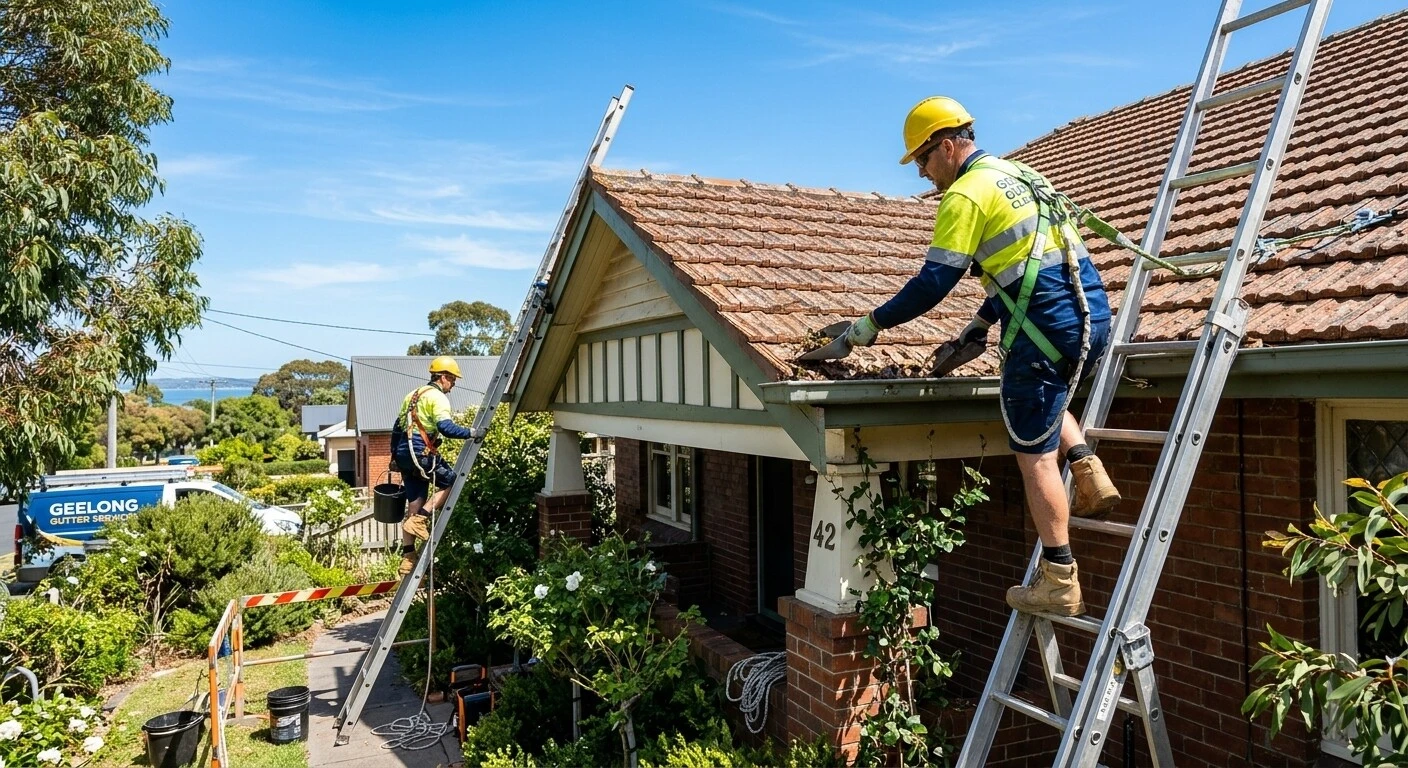 Professional gutter cleaners at work on a Geelong home